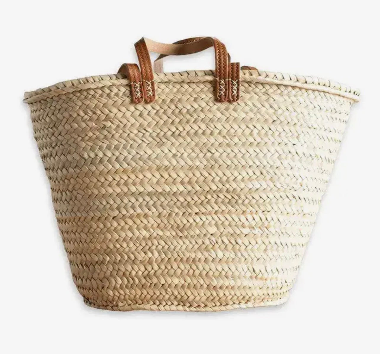 French Woven Market Basket with Hand-Stitched Leather Handles