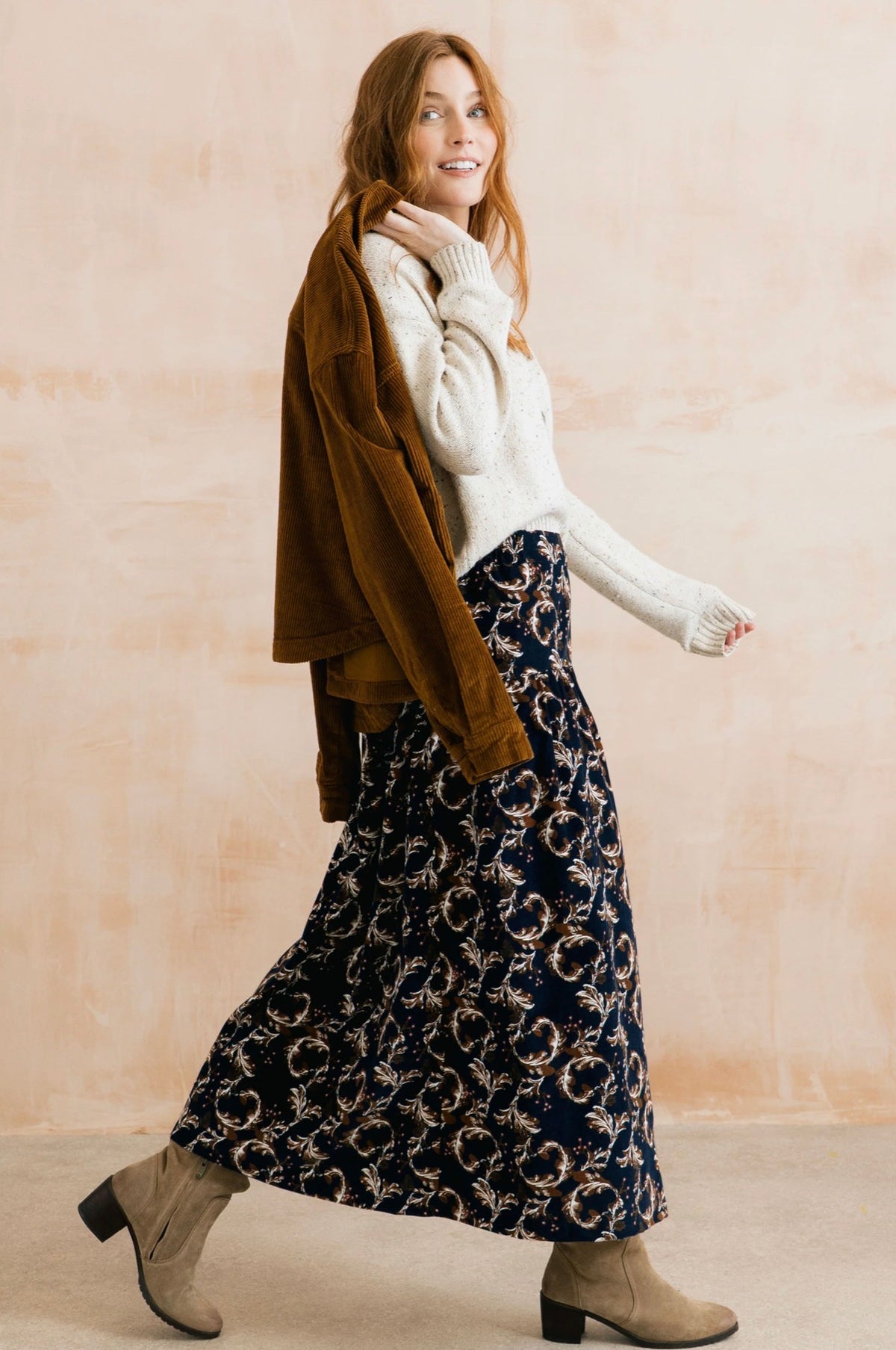 FRANCES COTTON PINCORD PRINTED SKIRT NAVY