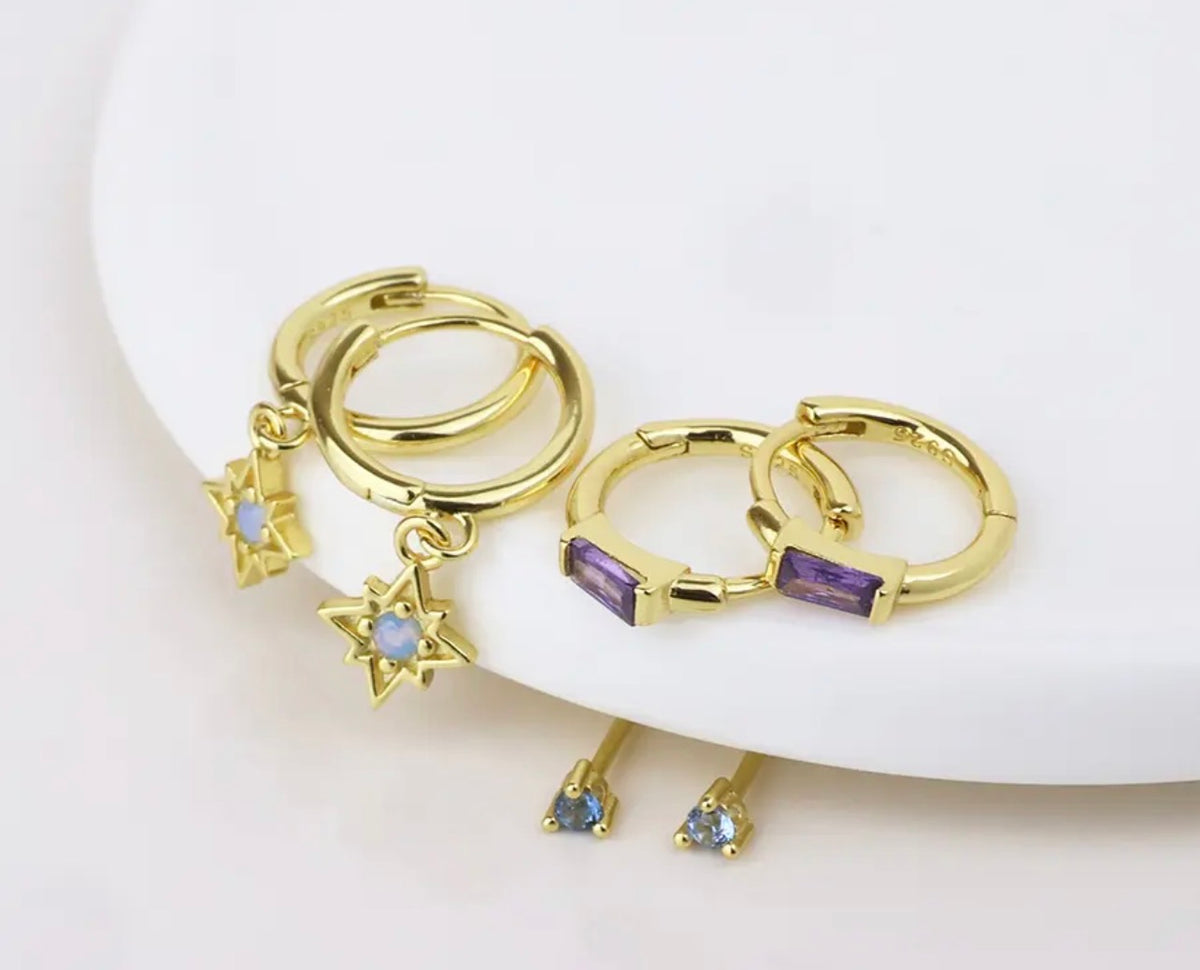 Ella Gold Triple Earring Set with Blue & Purple Crystals