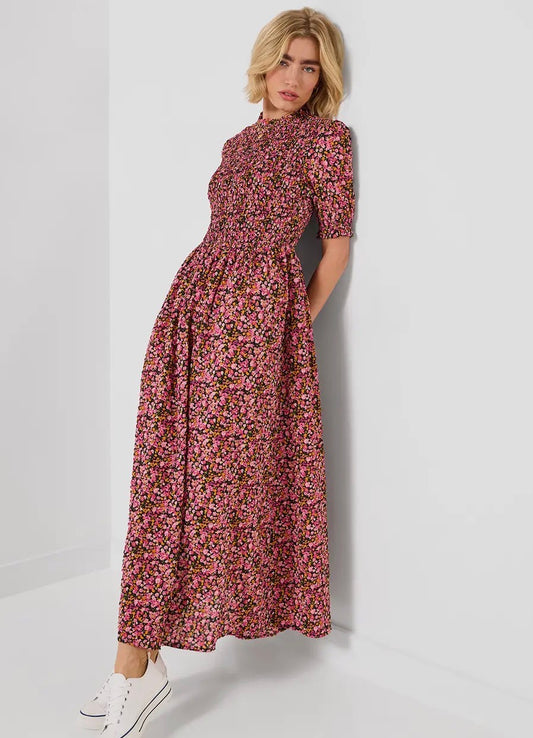 Pink Floral Shirred Bodice Dress