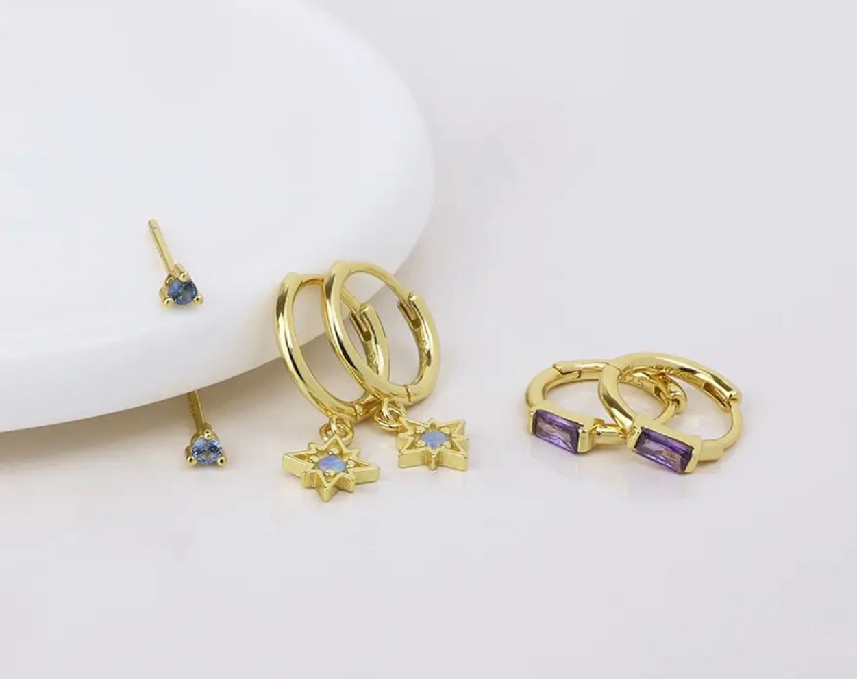 Ella Gold Triple Earring Set with Blue & Purple Crystals