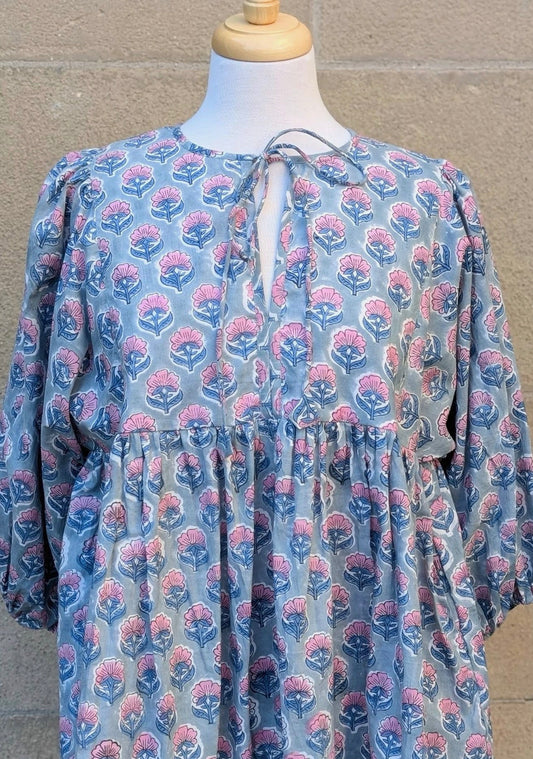 Joni Blue & Pink Floral Print Cotton Blouse | Lightweight Boho Top