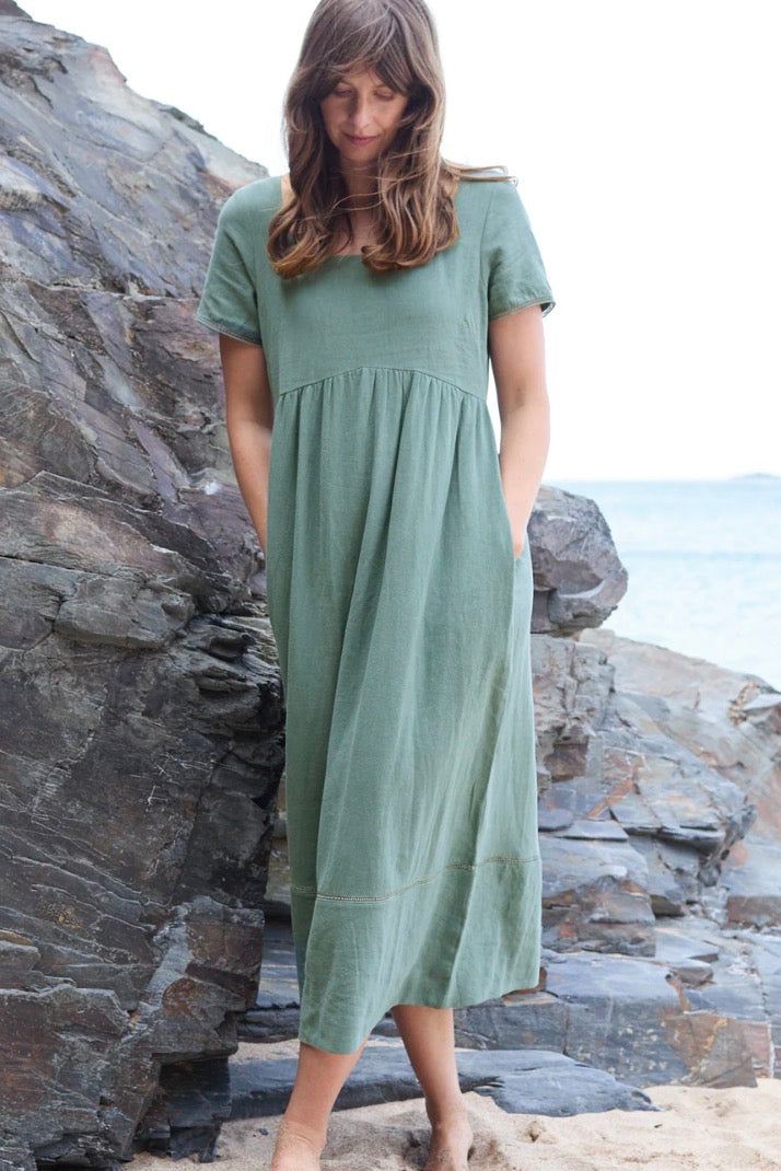 Green Linen Midi Dress