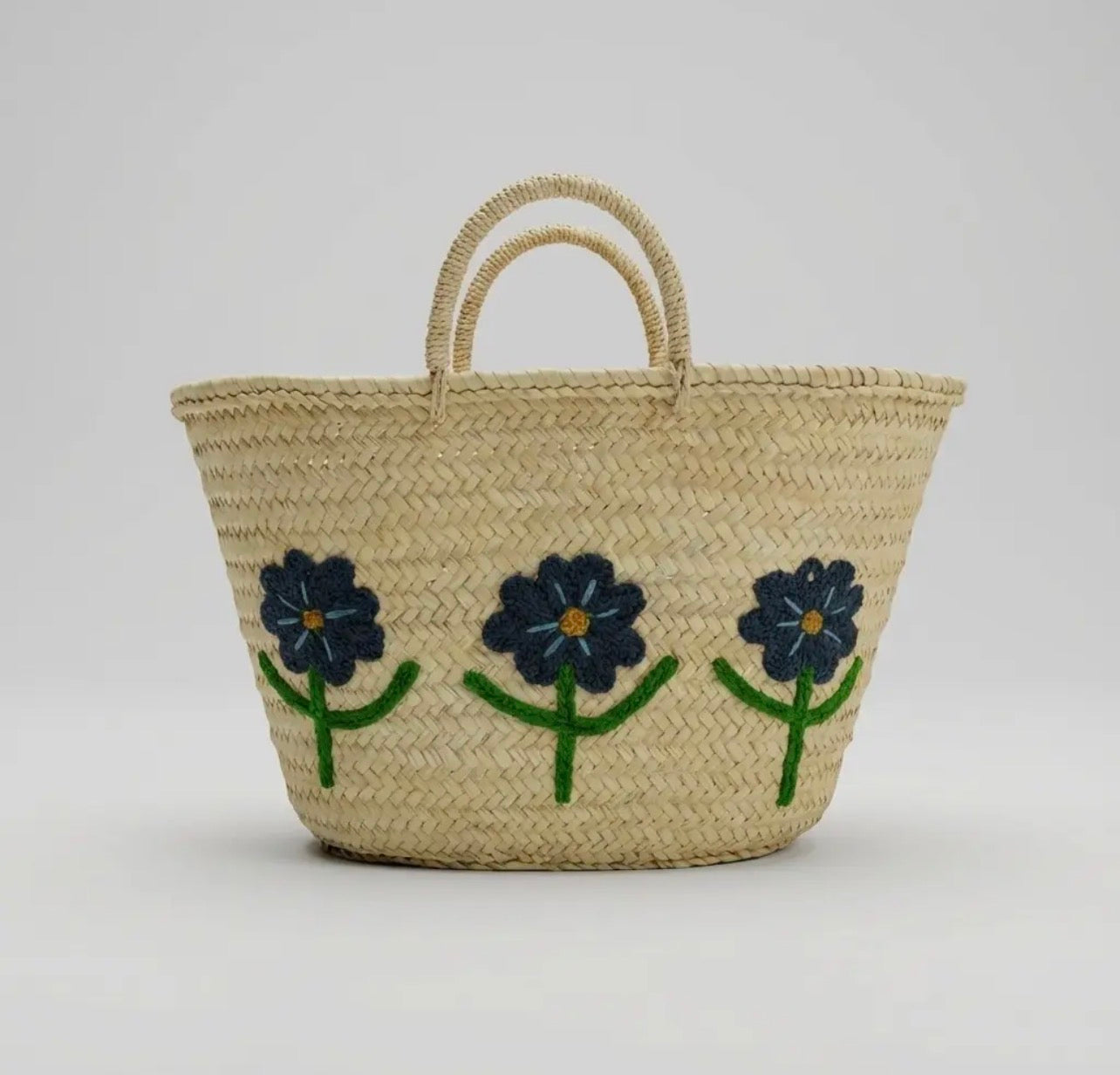 Woven Straw Tote bag - blue floral embroiderd basket