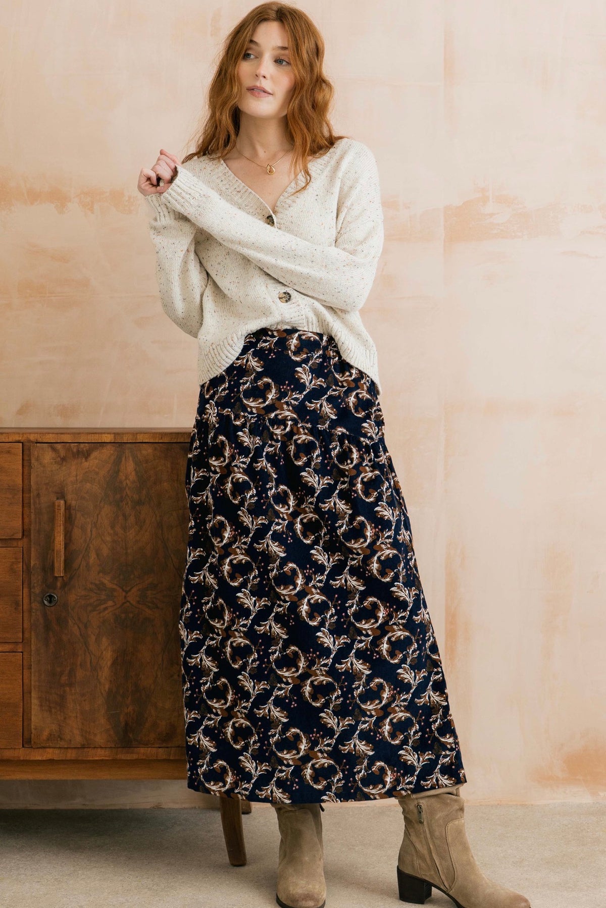 FRANCES COTTON PINCORD PRINTED SKIRT NAVY