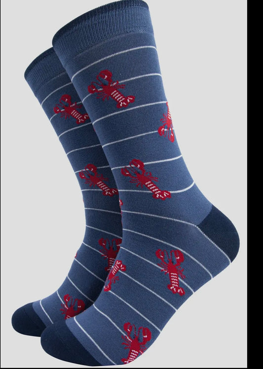 Mens Lobster Bamboo Socks Stripe in Denim Blue