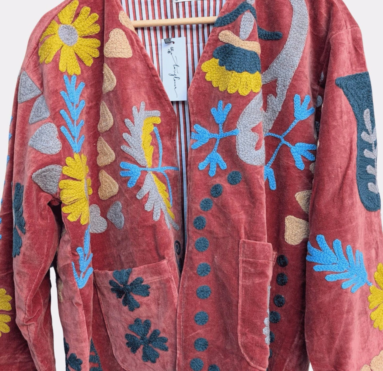 Amour Hand-Embroidered Velvet Boho Kimono Jacket | 100% Cotton | One Size (UK 8–14)