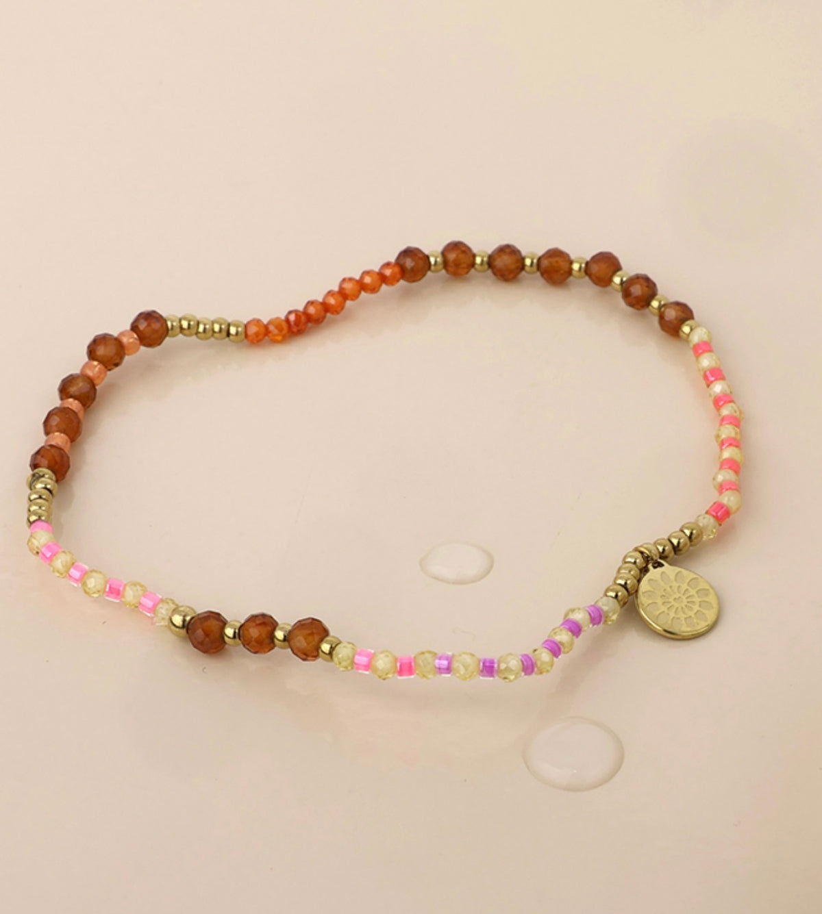 Brown, Pink & Gold Beaded Bracelet