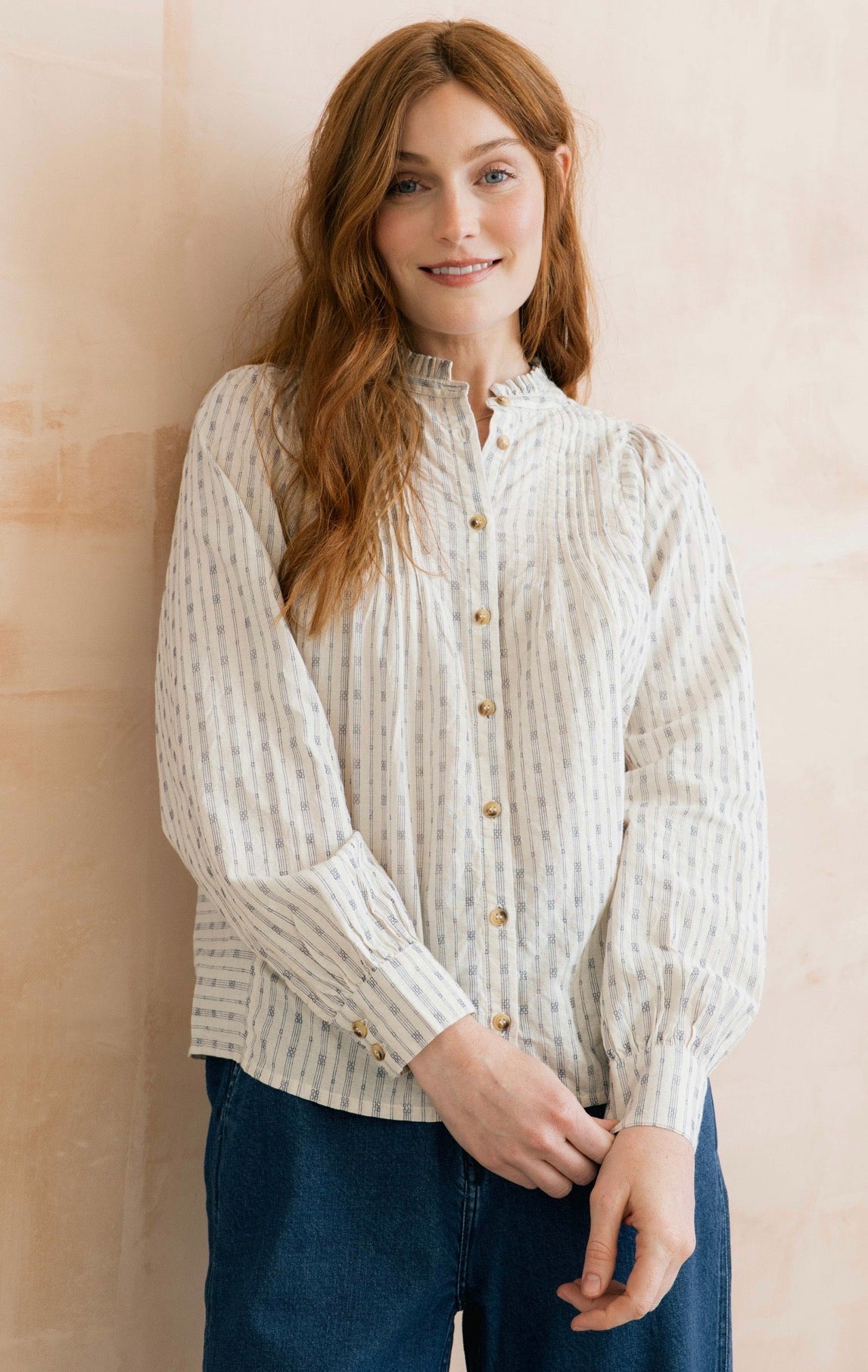 FLORA EMBROIDERED STRIPE BLOUSE ECRU