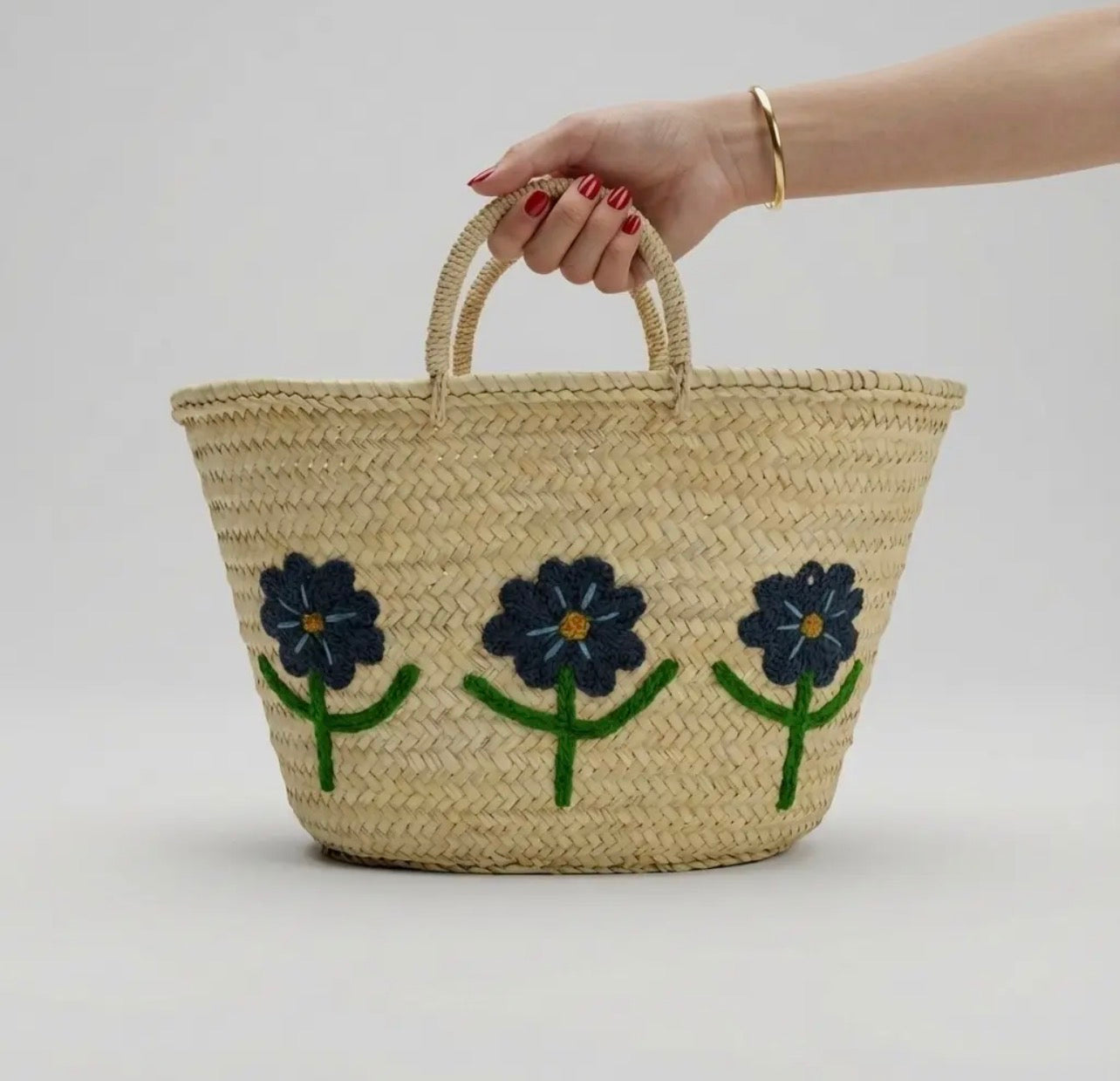 Woven Straw Tote bag - blue floral embroiderd basket