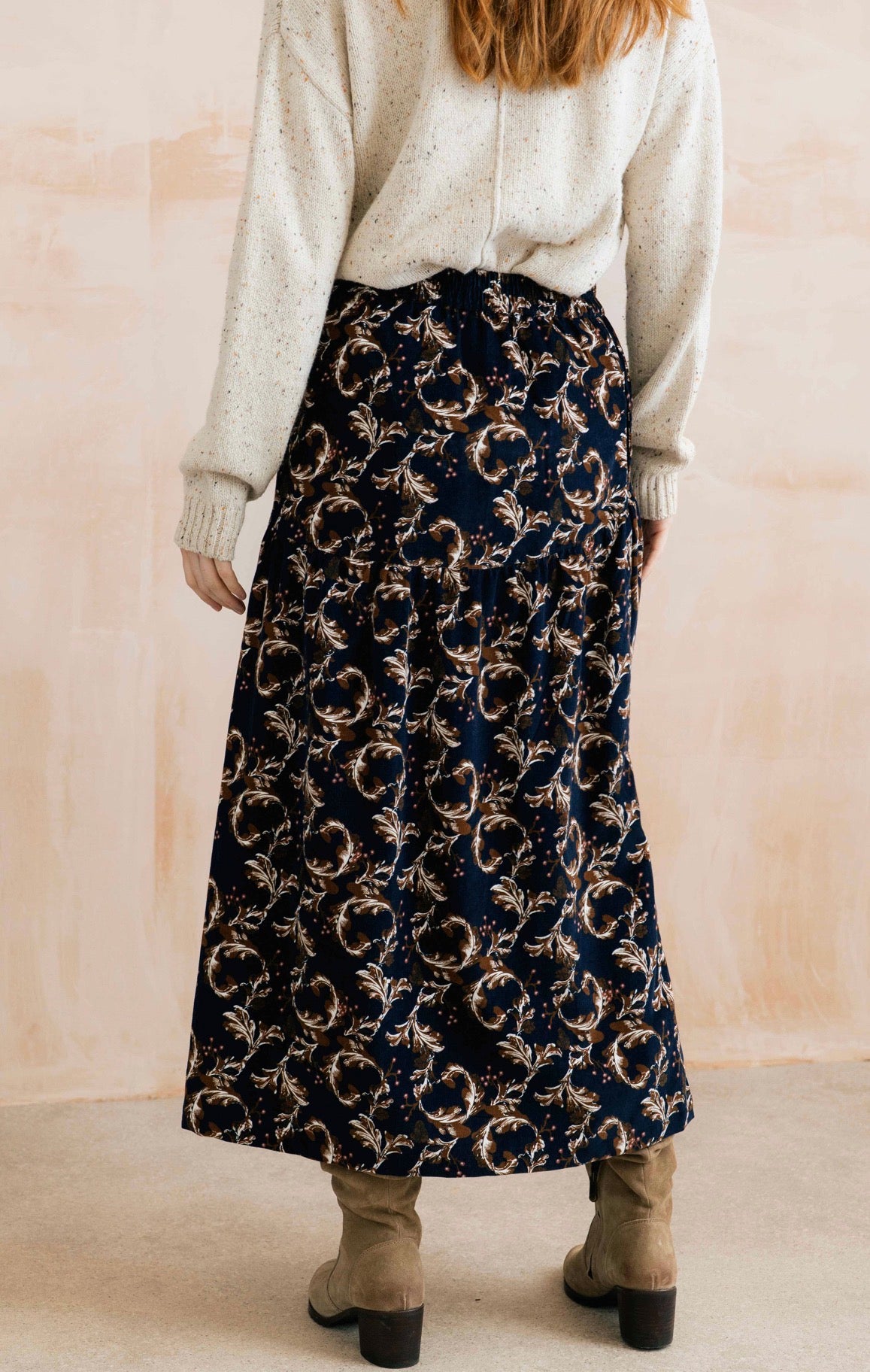 FRANCES COTTON PINCORD PRINTED SKIRT NAVY