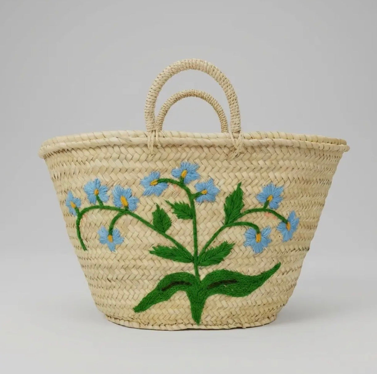 Forget-Me-Not Embroidered Woven Straw Tote Bag
