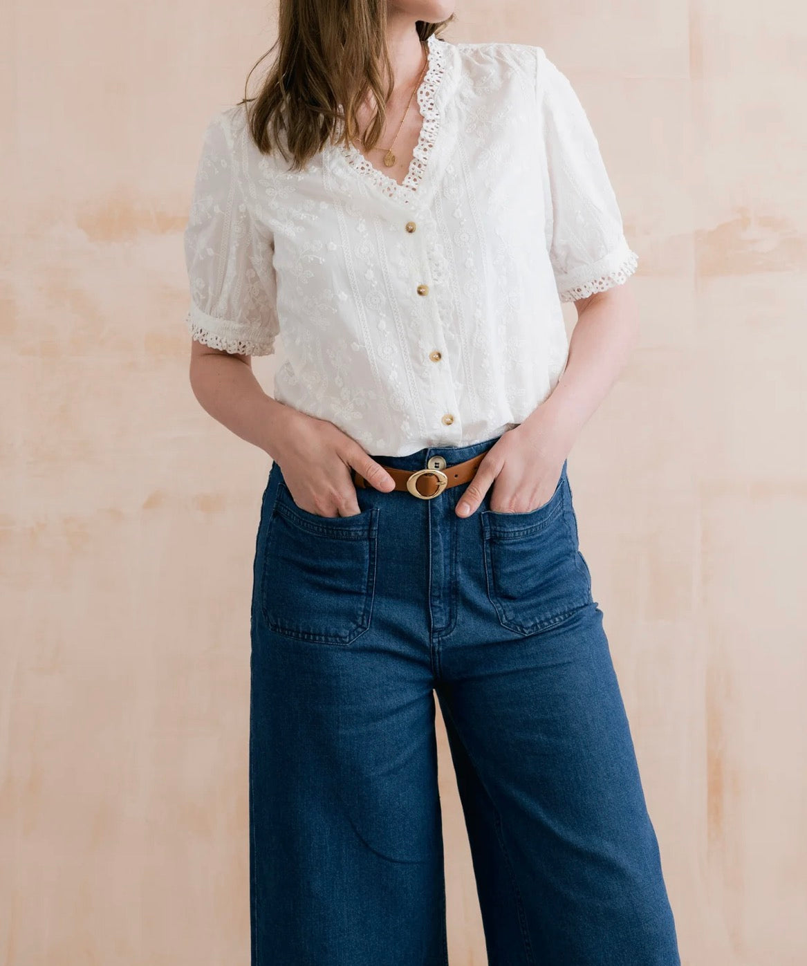 Embroidered Cotton Frill Blouse White