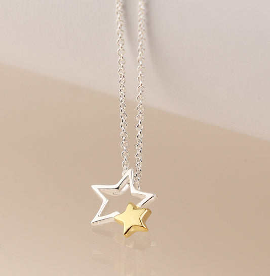 Silver Star Necklace - Double Star in Silver & Gold