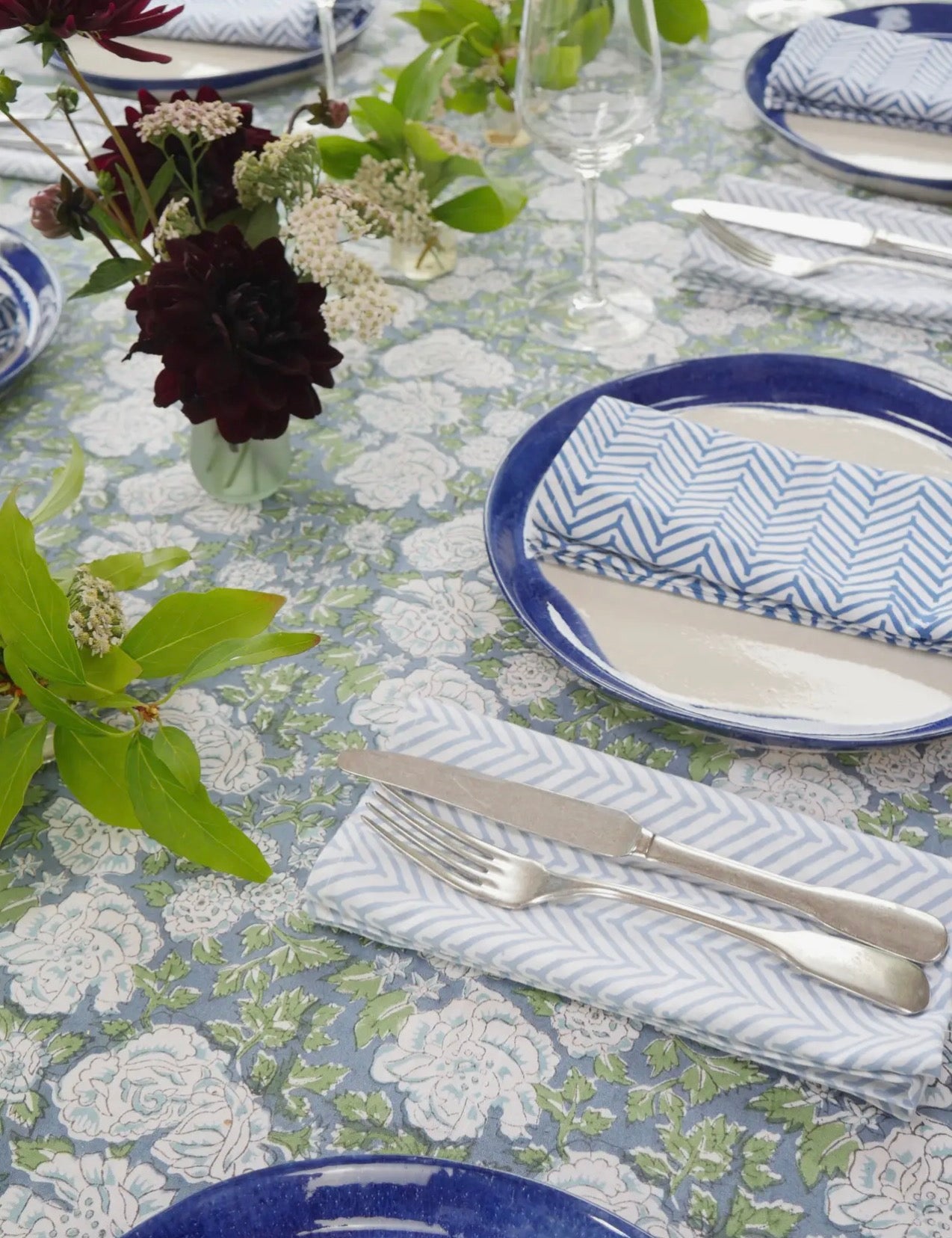 In Bloom Table Cloth - Green and Blue  Hand Printed