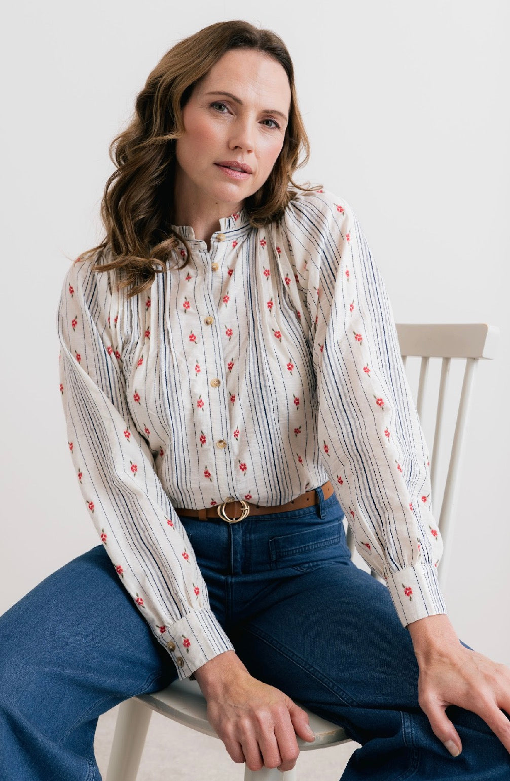 Flora Blouse - Cotton with embroidered Stripe