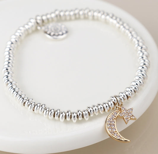 Silver Plated Bracelet Crystal Moon and Star